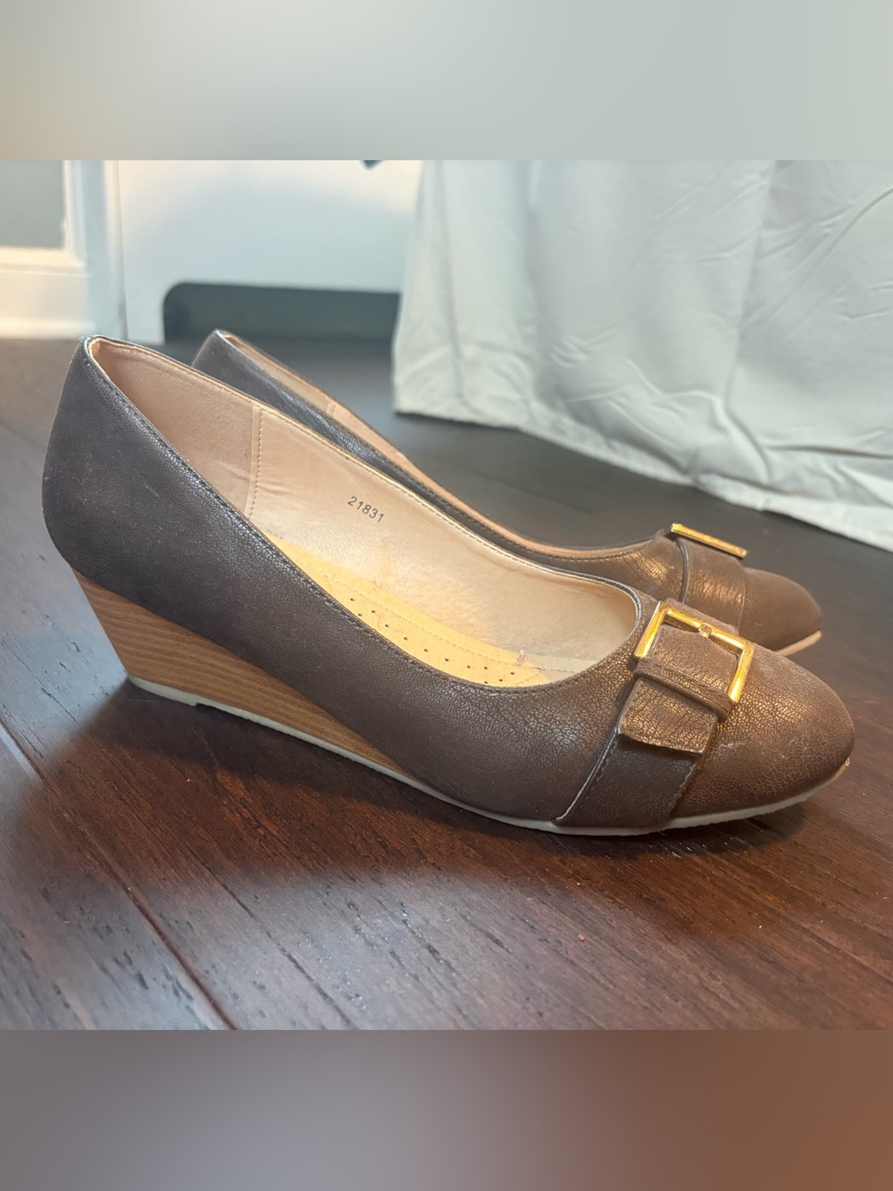 Women’s Brown Wedge Pumps with Gold Buckle Accent